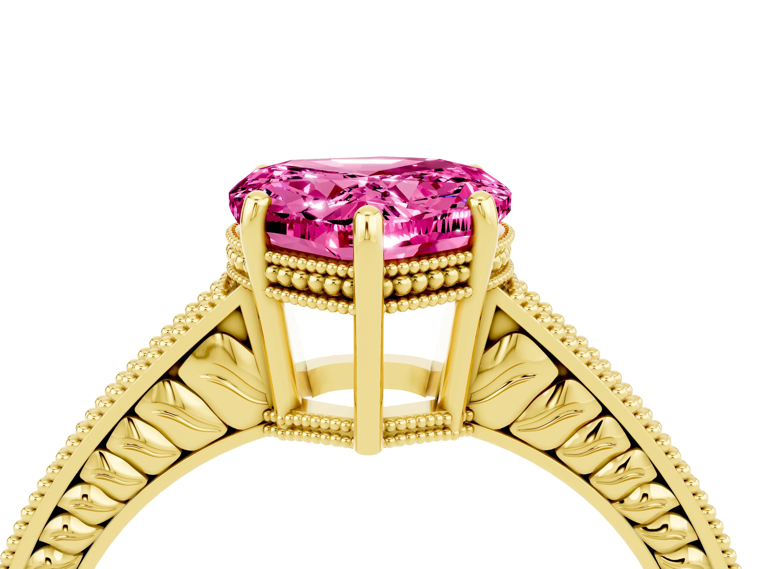 Yellow gold Heart Cut Pink Sapphire Ring with Milgrain Pavé Band and Four-Prong Setting_40