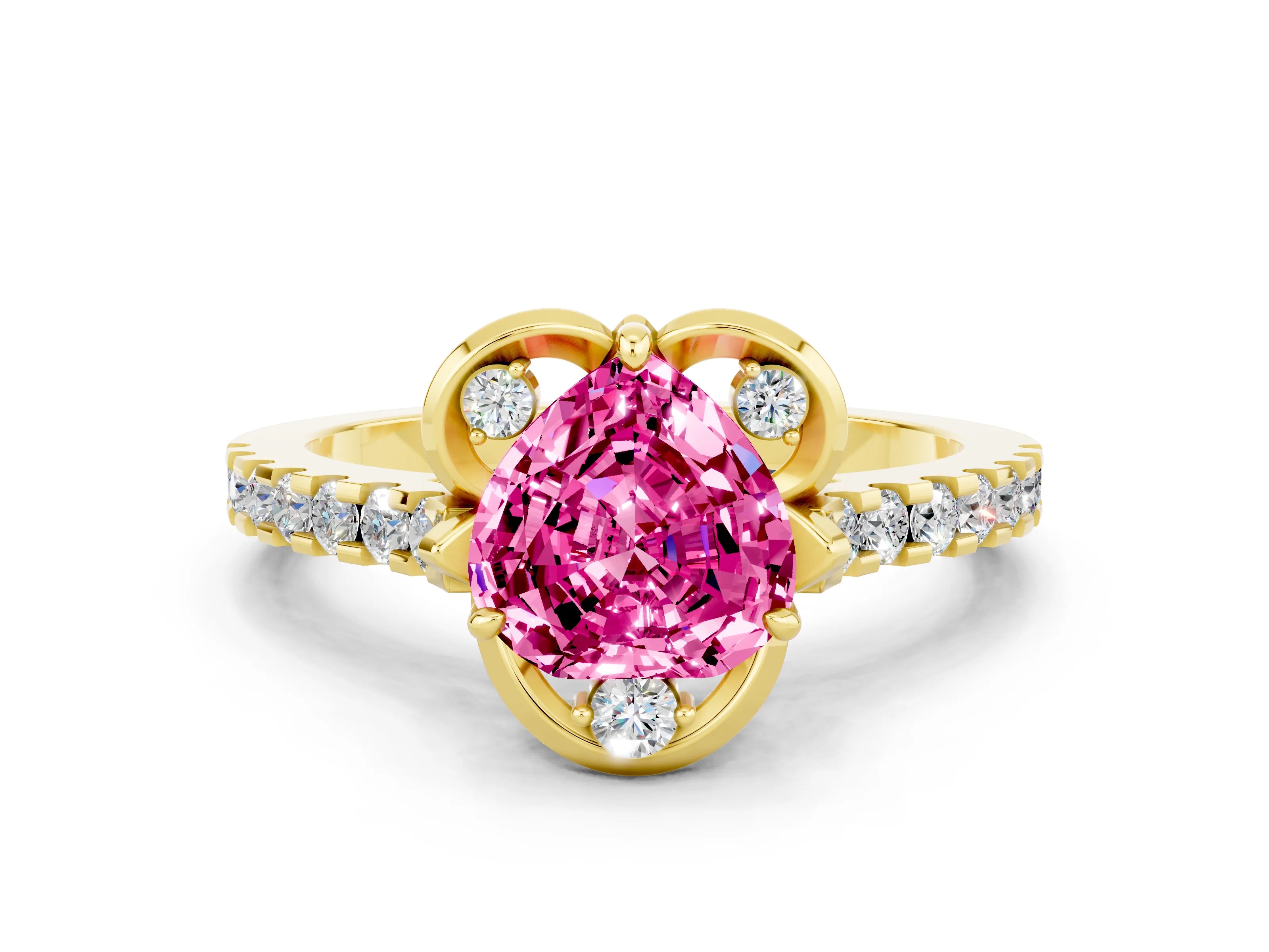Yellow gold Heart Cut Pink Sapphire Ring with Pavé Band and Floral Prong Setting