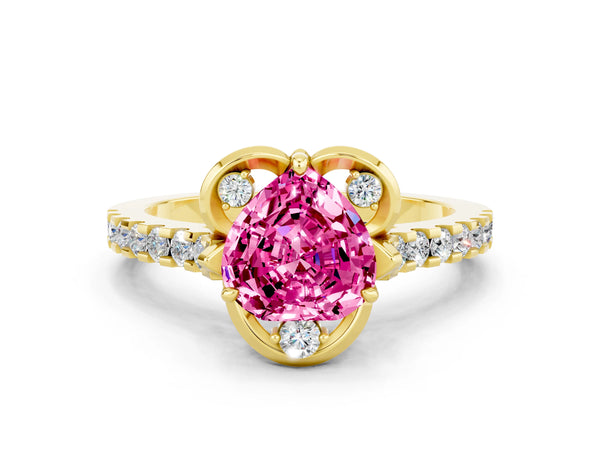 Yellow gold Heart Cut Pink Sapphire Ring with Pavé Band and Floral Prong Setting