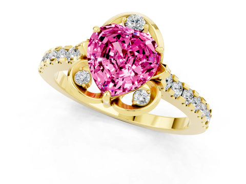 Yellow gold Heart Cut Pink Sapphire Ring with Pavé Band and Floral Prong Setting_1