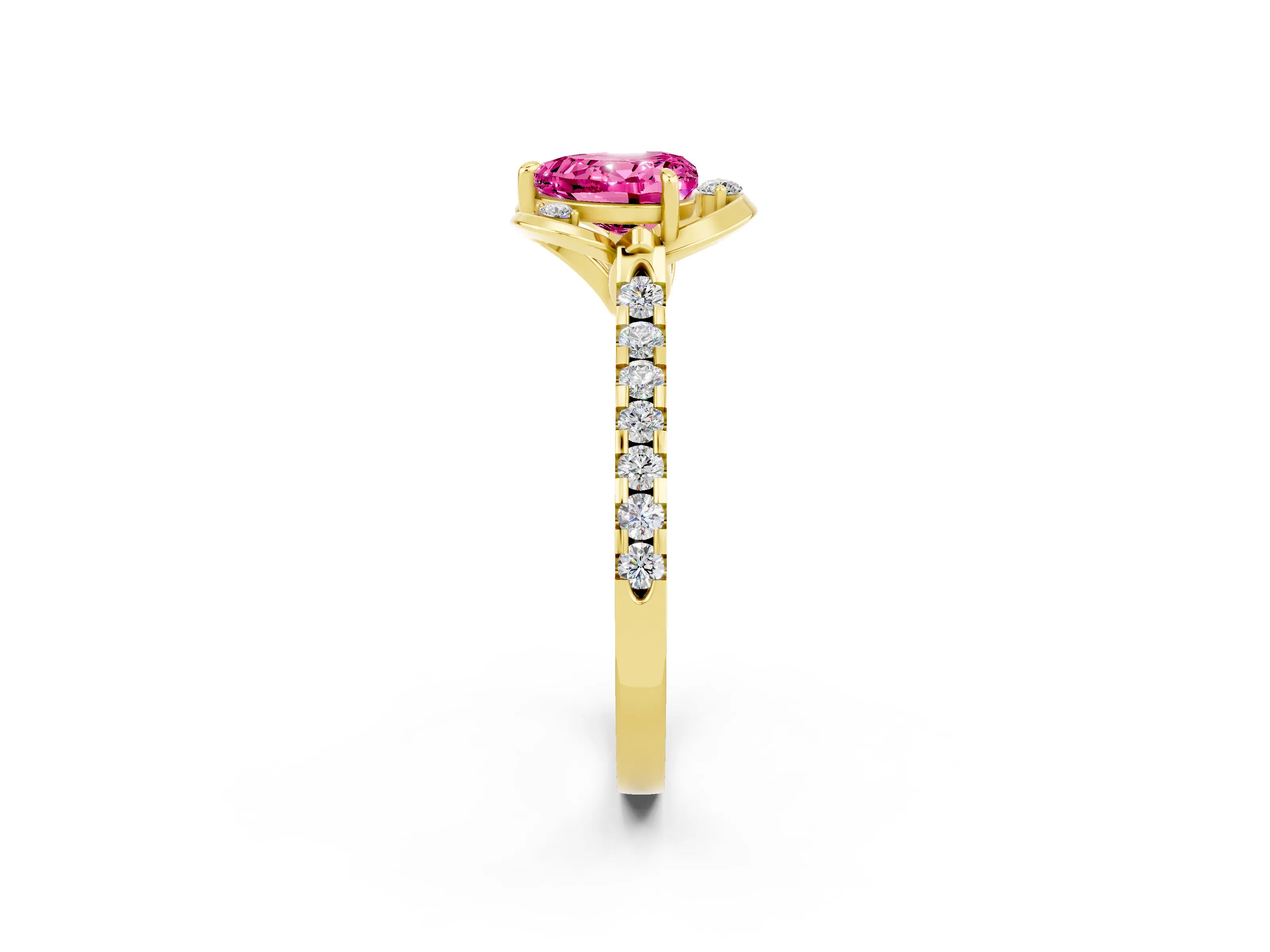 Yellow gold Heart Cut Pink Sapphire Ring with Pavé Band and Floral Prong Setting_2