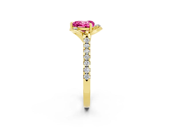 Yellow gold Heart Cut Pink Sapphire Ring with Pavé Band and Floral Prong Setting