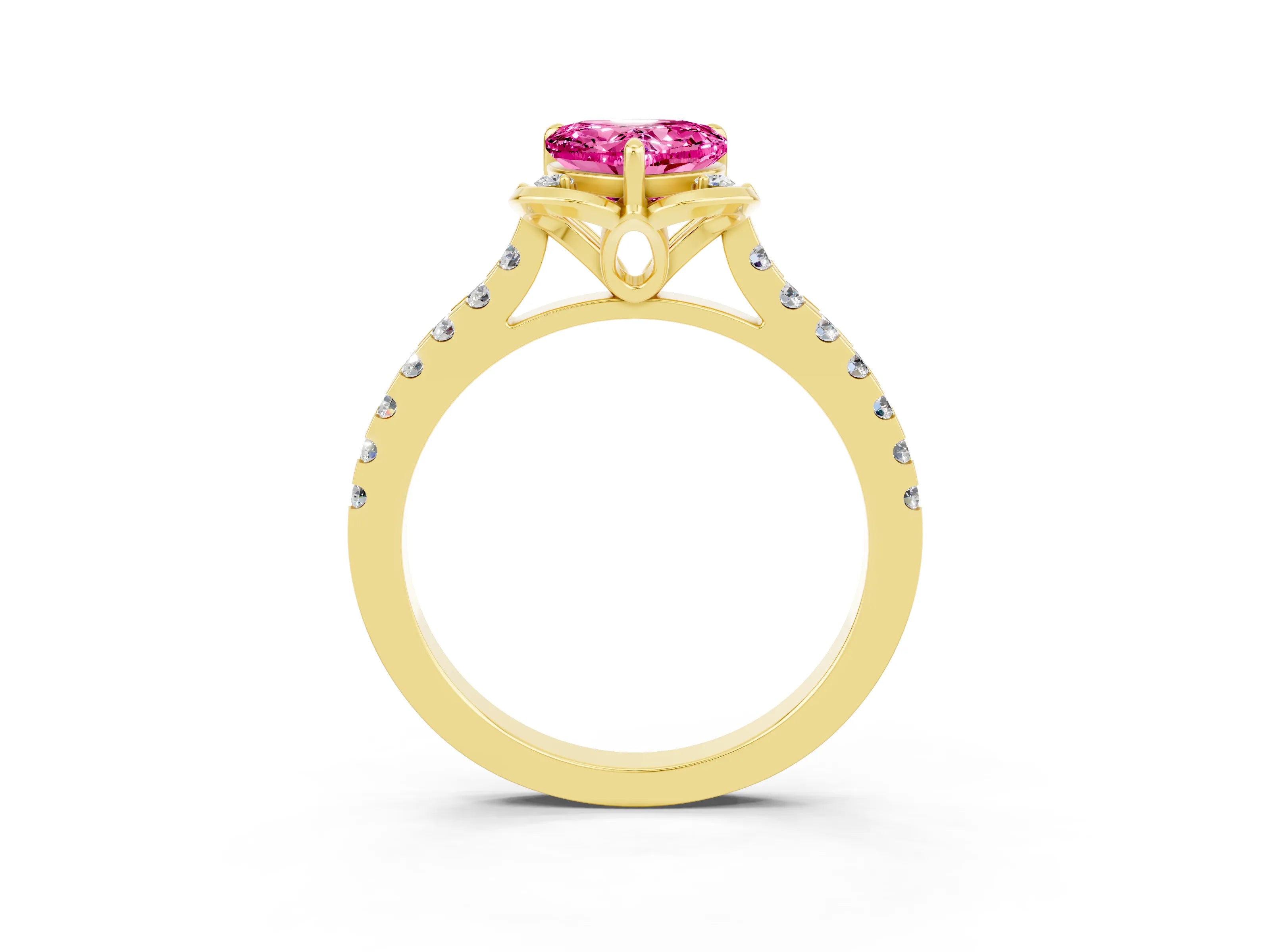 Yellow gold Heart Cut Pink Sapphire Ring with Pavé Band and Floral Prong Setting_3