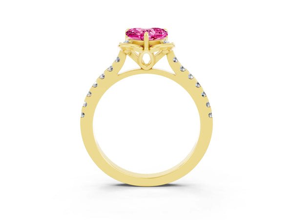 Yellow gold Heart Cut Pink Sapphire Ring with Pavé Band and Floral Prong Setting