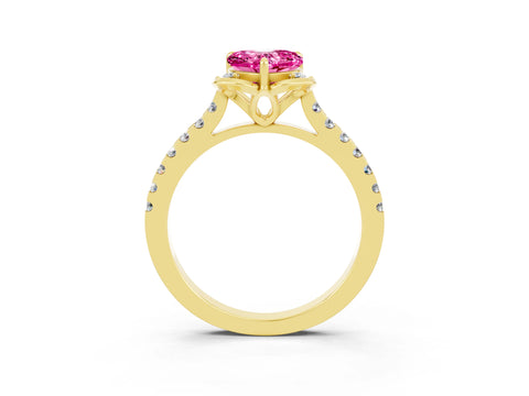 Yellow gold Heart Cut Pink Sapphire Ring with Pavé Band and Floral Prong Setting_3