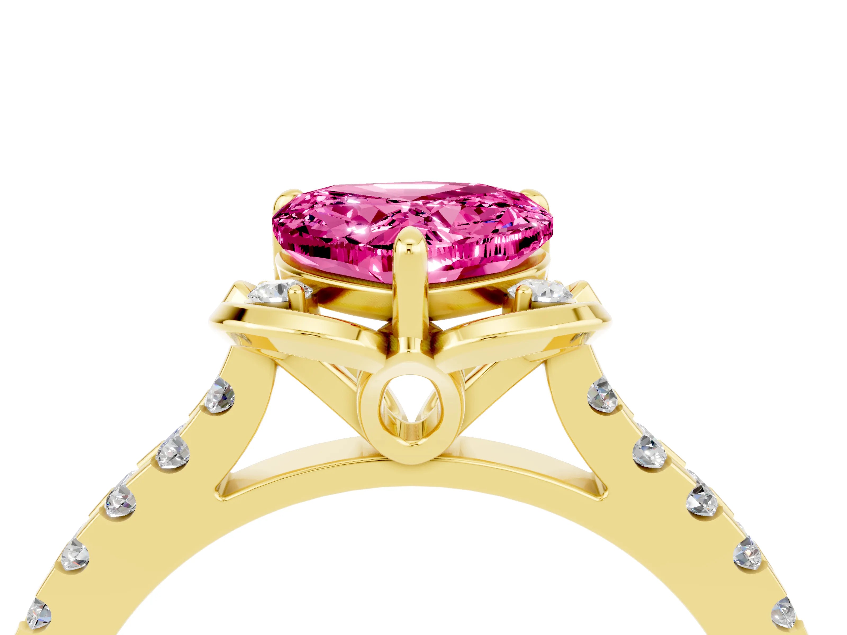 Yellow gold Heart Cut Pink Sapphire Ring with Pavé Band and Floral Prong Setting_4