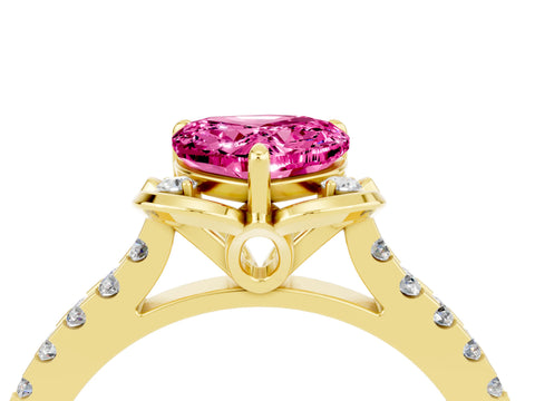 Yellow gold Heart Cut Pink Sapphire Ring with Pavé Band and Floral Prong Setting_4