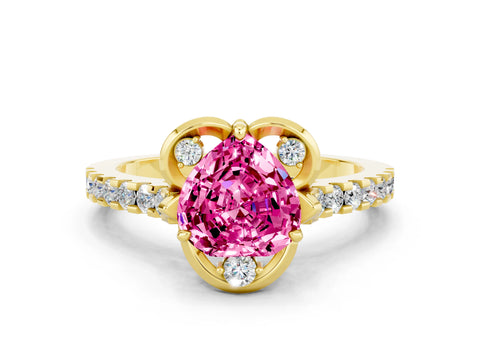 Yellow gold Heart Cut Pink Sapphire Ring with Pavé Band and Floral Prong Setting