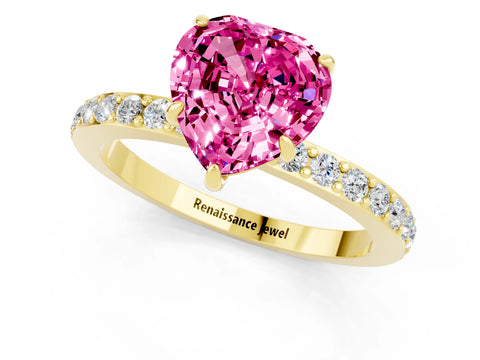 Yellow gold Heart Cut Pink Sapphire Ring with Pavé Band and Four-Prong Setting_25