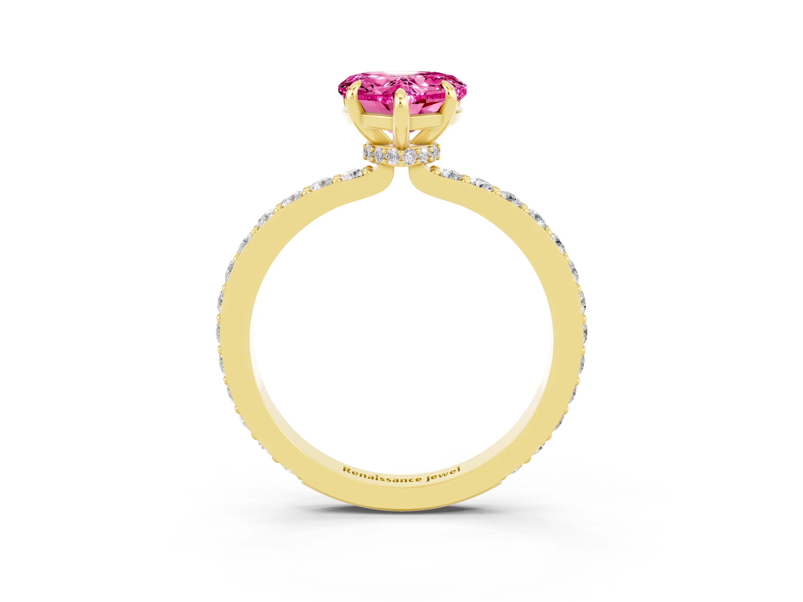 Yellow gold Heart Cut Pink Sapphire Ring with Pavé Band and Four-Prong Setting_27