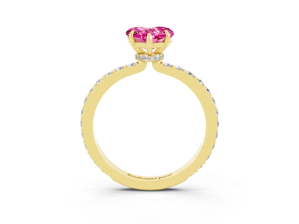 Yellow gold Heart Cut Pink Sapphire Pavé Engagement Ring with Round  Accents and Prong Setting
