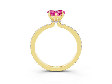 Yellow gold Heart Cut Pink Sapphire Ring with Pavé Band and Four-Prong Setting_27