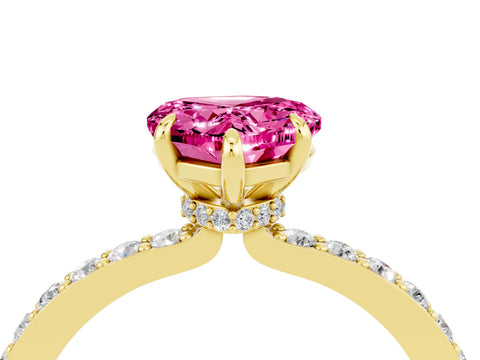 Yellow gold Heart Cut Pink Sapphire Ring with Pavé Band and Four-Prong Setting_28