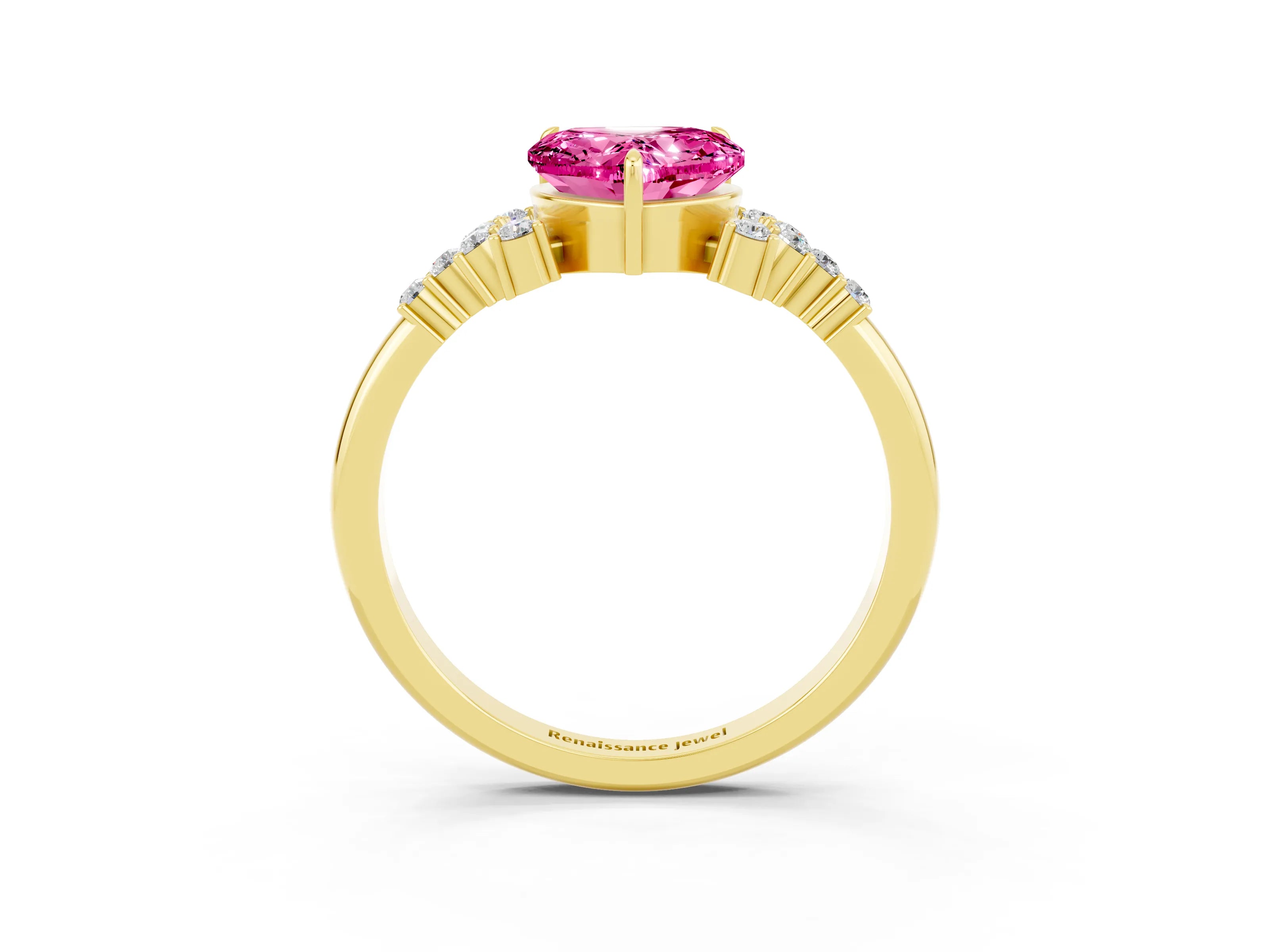 Yellow gold Heart Cut Pink Sapphire Ring with Side Stones and Four-Prong Setting_63