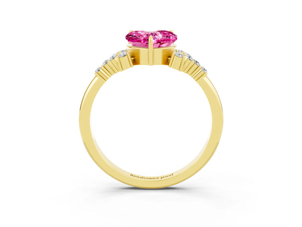 Yellow gold Heart Cut Pink Sapphire Ring with Side Stones and Four-Prong Setting