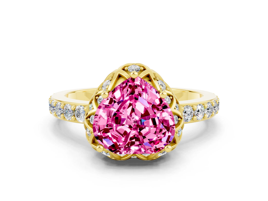 Yellow gold Heart Cut Pink Sapphire Scalloped Halo Engagement Ring with Round Shared Prong Band_24