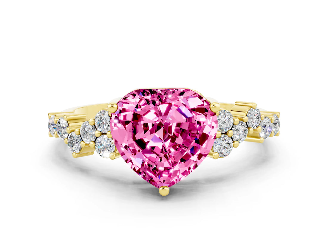 Yellow gold Heart Cut Pink Sapphire Scattered Round Accent Ring with Prong Setting_12