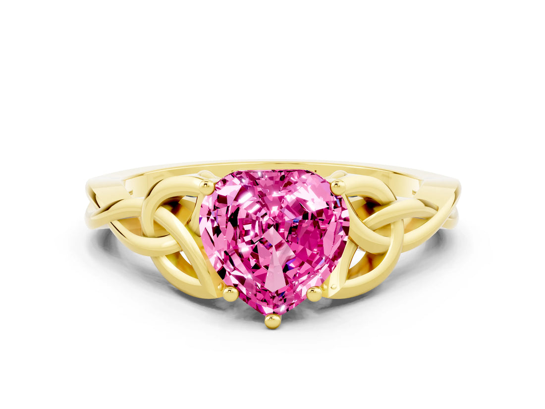 Yellow gold Heart Cut Pink Sapphire Solitaire Celtic Knot Ring with Four-Prong Setting_36