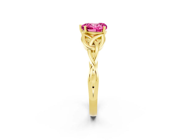 Yellow gold Heart Cut Pink Sapphire Solitaire Celtic Knot Ring with Four-Prong Setting