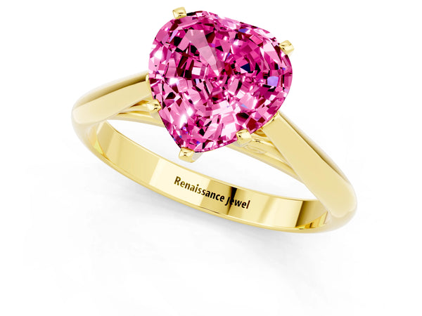 Yellow gold Heart Cut Pink Sapphire Solitaire Engagement Ring with Cathedral Setting and Four-Prong Mount