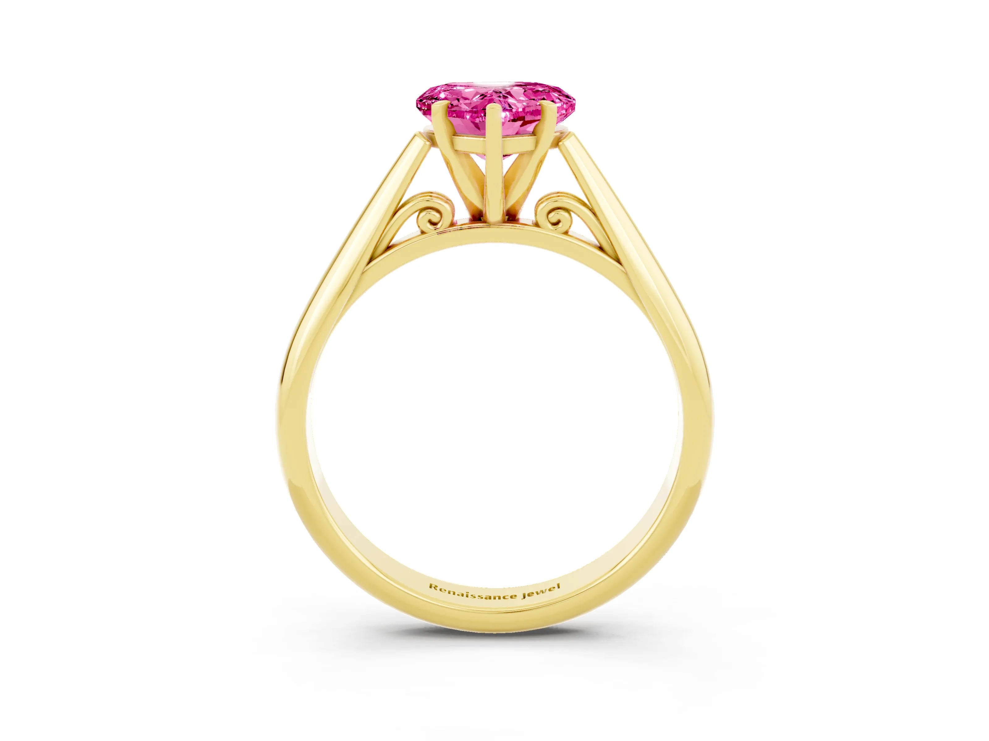 Yellow gold Heart Cut Pink Sapphire Solitaire Engagement Ring with Cathedral Setting and Four-Prong Mount_15