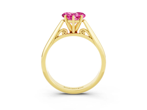 Yellow gold Heart Cut Pink Sapphire Solitaire Engagement Ring with Cathedral Setting and Four-Prong Mount
