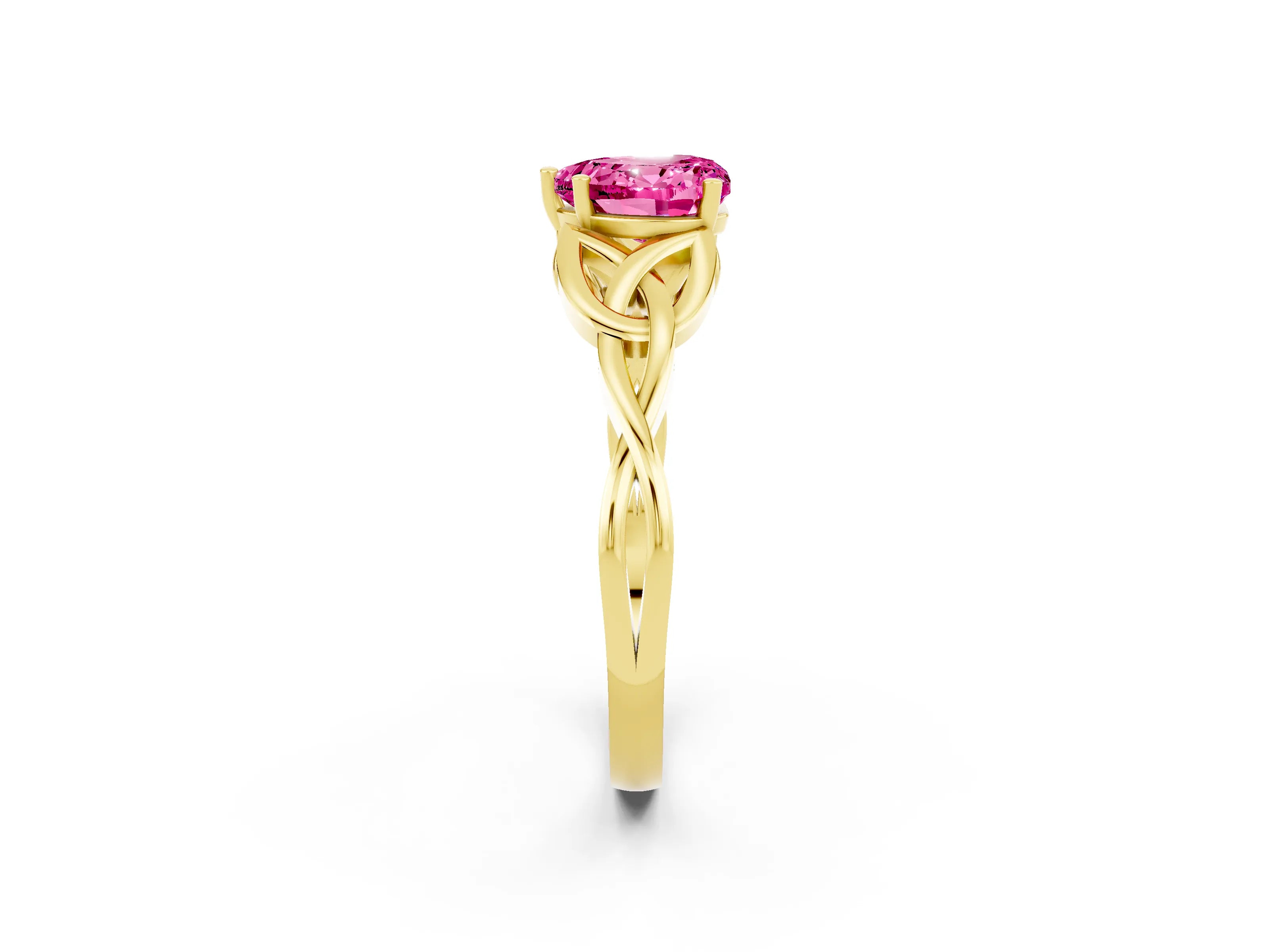 Yellow gold Heart Cut Pink Sapphire Solitaire Engagement Ring with Celtic Knot Band and Four-Prong Setting_26