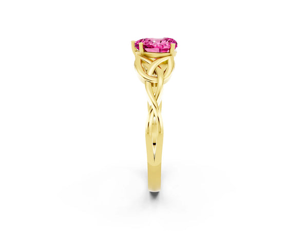 Yellow gold Heart Cut Pink Sapphire Solitaire Engagement Ring with Celtic Knot Band and Four-Prong Setting