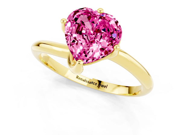 Yellow gold Heart Cut Pink Sapphire Solitaire Engagement Ring with Four-Prong Setting and Classic Band