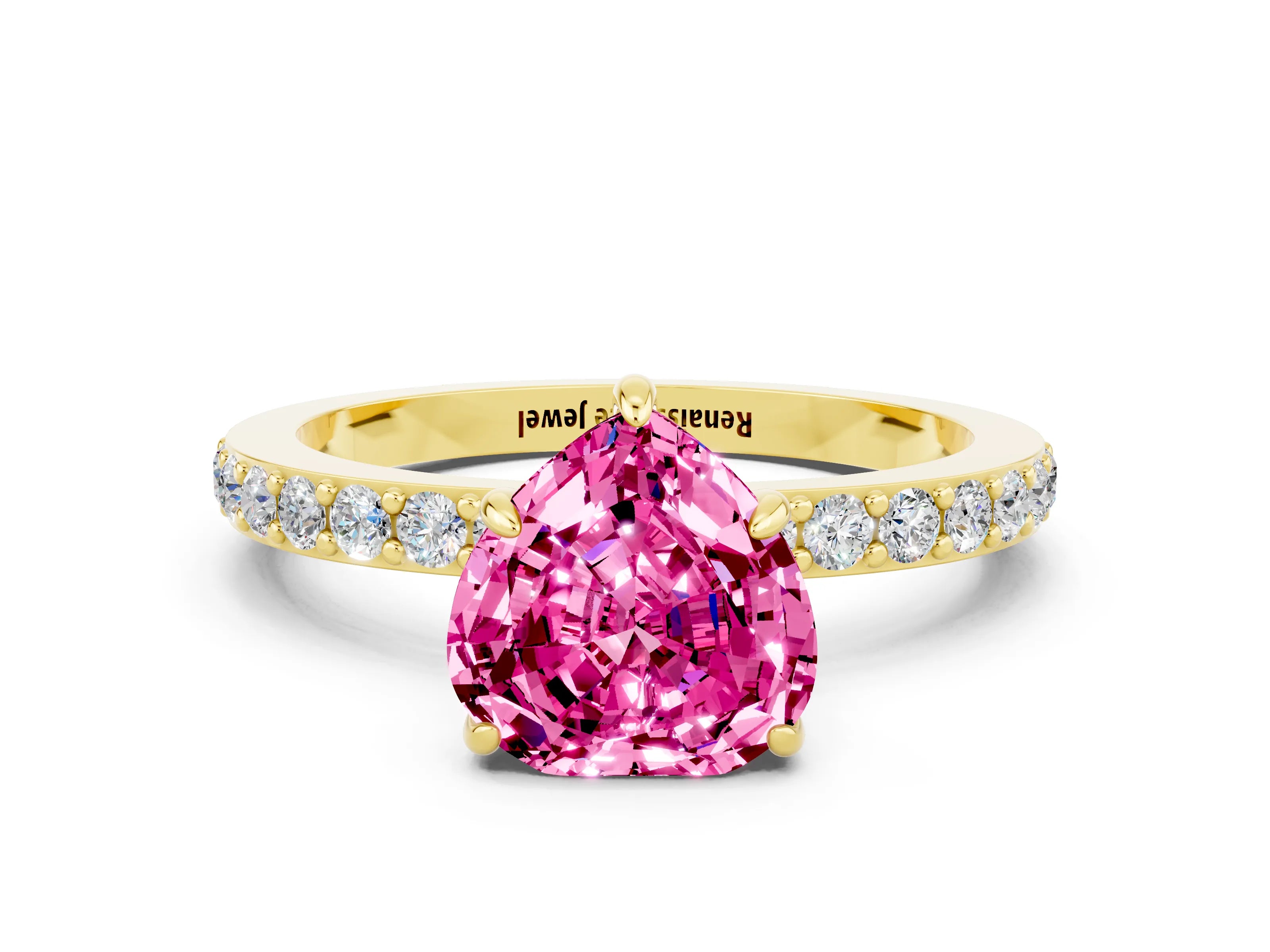 Yellow gold Heart Cut Pink Sapphire Solitaire Engagement Ring with Pavé Band and Four-Prong Setting_24