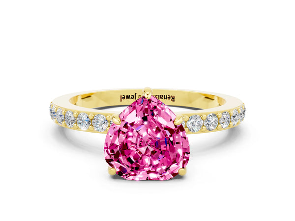 Yellow gold Heart Cut Pink Sapphire Solitaire Engagement Ring with Pavé Band and Four-Prong Setting