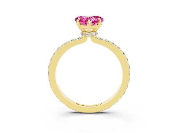 Yellow gold Heart Cut Pink Sapphire Solitaire Engagement Ring with Pavé Band and Four-Prong Setting