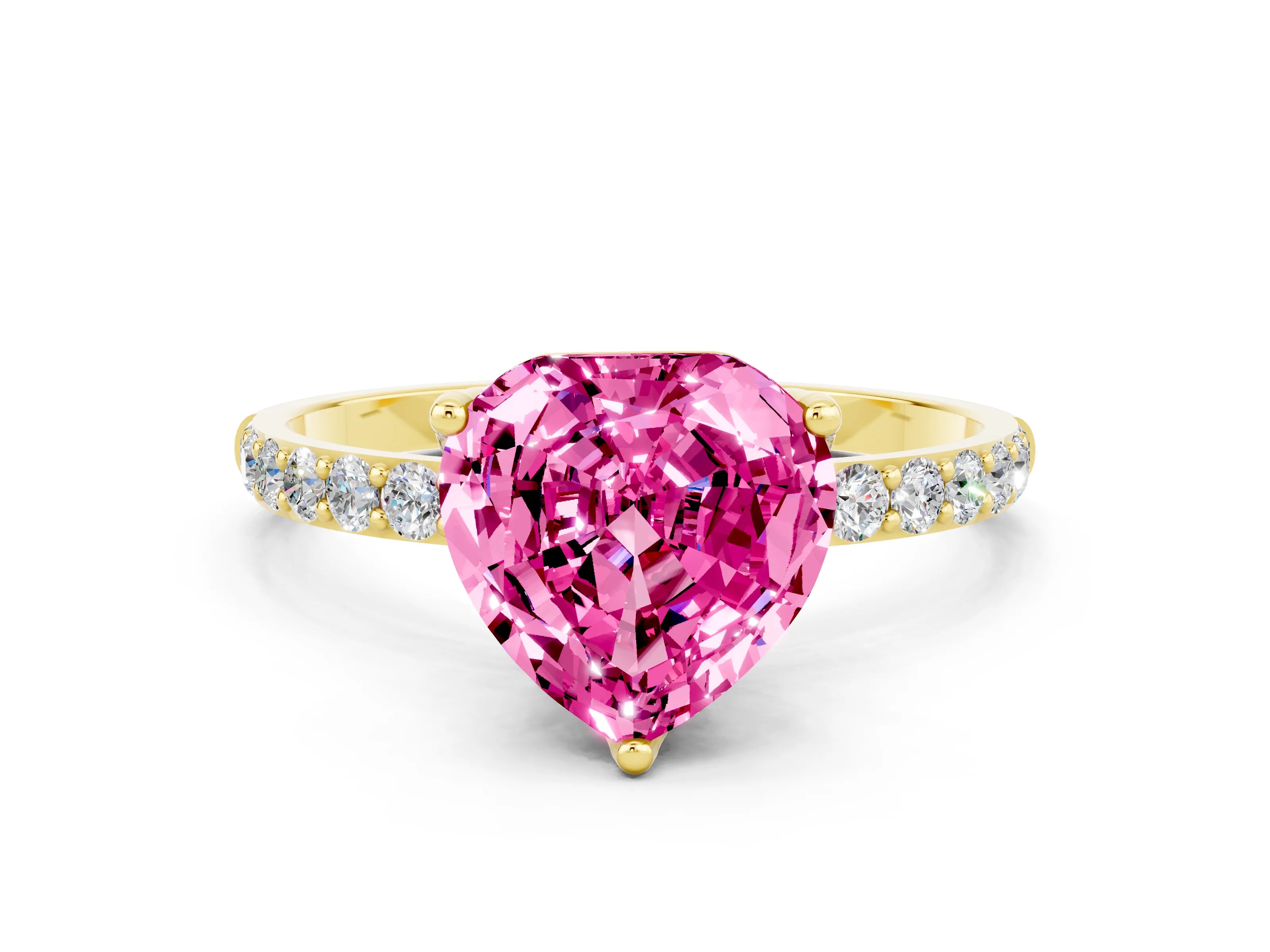 Yellow gold Heart Cut Pink Sapphire Solitaire Engagement Ring with Pavé Band and Prong Setting
