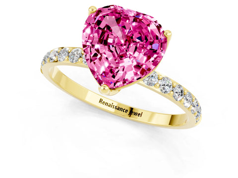 Yellow gold Heart Cut Pink Sapphire Solitaire Engagement Ring with Pavé Band and Prong Setting_1
