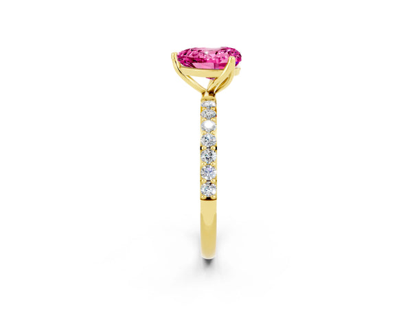 Yellow gold Heart Cut Pink Sapphire Solitaire Engagement Ring with Round  Pavé Band and Prong Setting