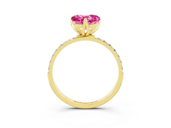 Yellow gold Heart Cut Pink Sapphire Solitaire Engagement Ring with Round  Pavé Band and Prong Setting