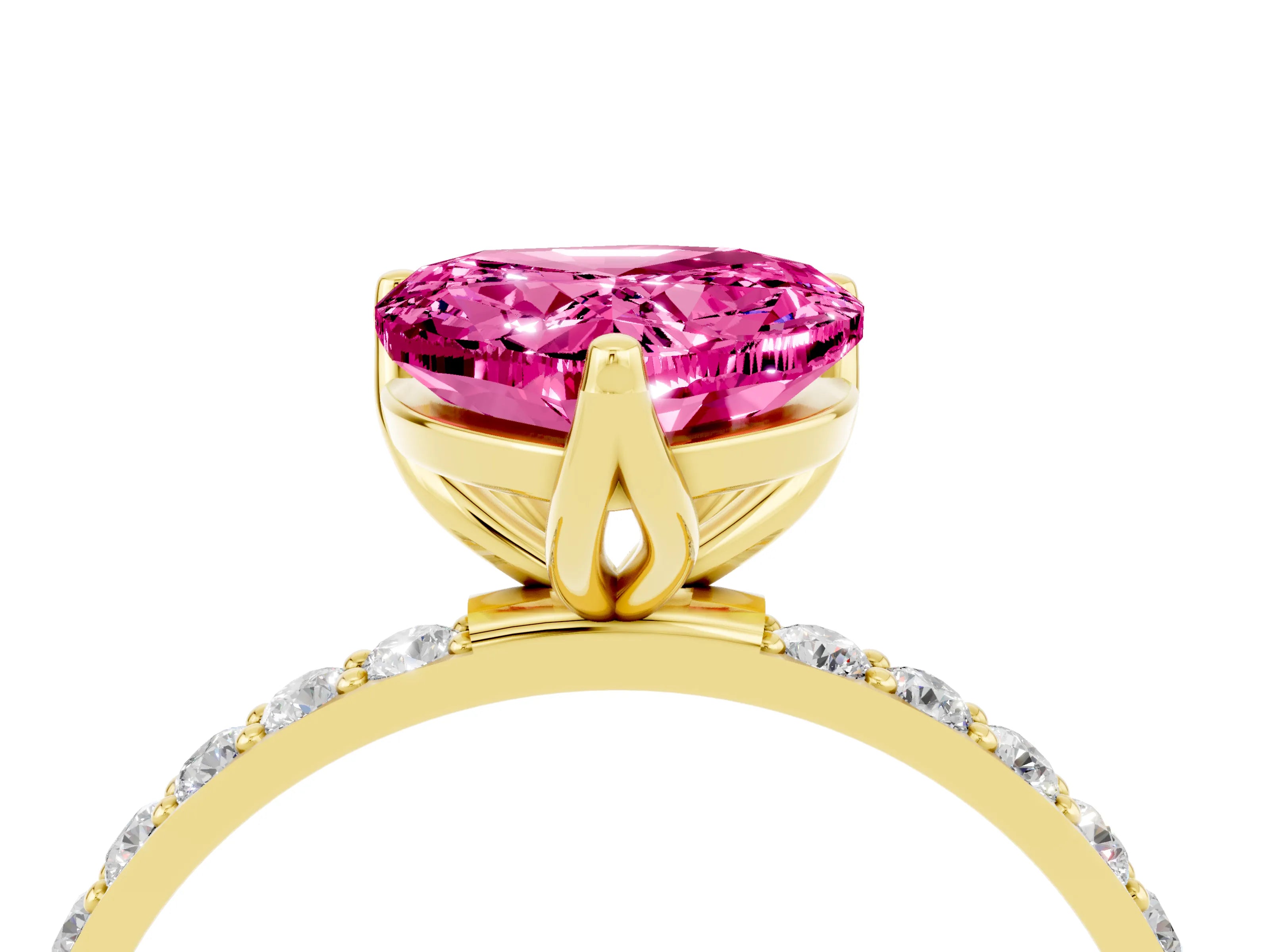 Yellow gold Heart Cut Pink Sapphire Solitaire Engagement Ring with Pavé Band and Prong Setting_4