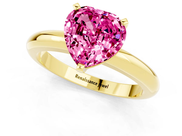 Yellow gold Heart Cut Pink Sapphire Solitaire Engagement Ring with Round Band and Four-Prong Setting