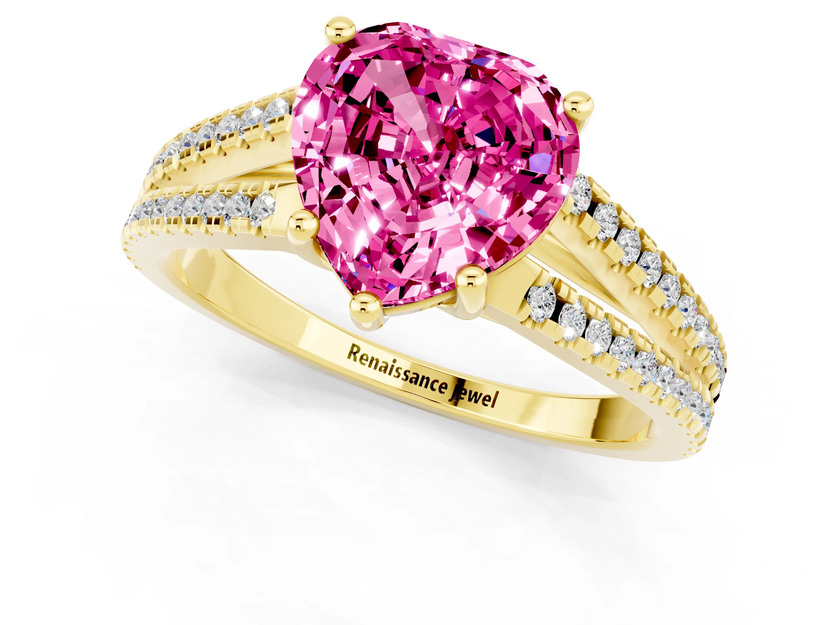 Yellow gold Heart Cut Pink Sapphire Solitaire Engagement Ring with Split Shank Pavé Band_13