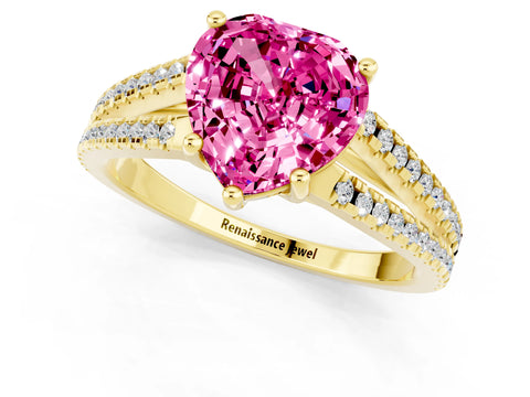 Yellow gold Heart Cut Pink Sapphire Solitaire Engagement Ring with Split Shank Pavé Band_13