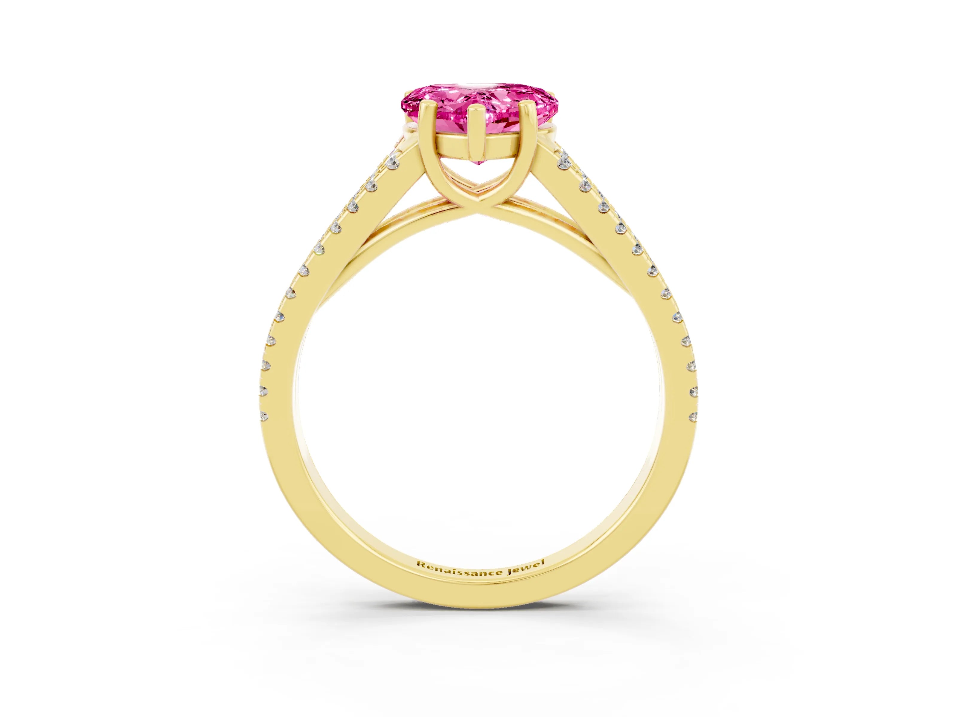 Yellow gold Heart Cut Pink Sapphire Solitaire Engagement Ring with Split Shank Pavé Band_15