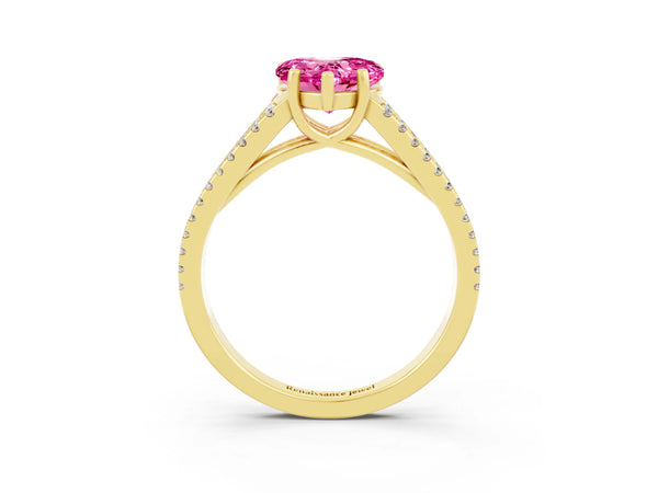Yellow gold Heart Cut Pink Sapphire Solitaire Engagement Ring with Split Shank Pavé Band