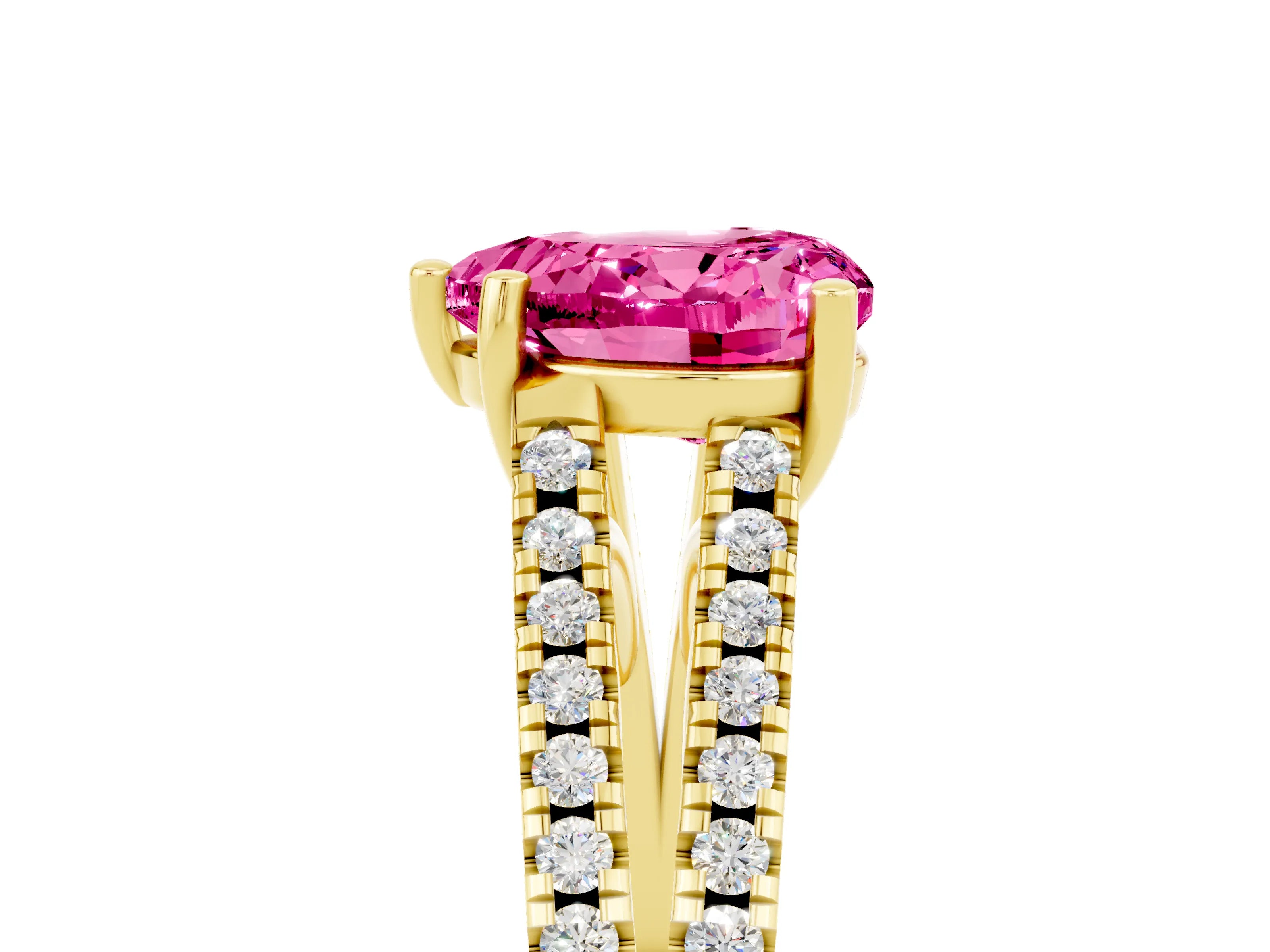 Yellow gold Heart Cut Pink Sapphire Solitaire Engagement Ring with Split Shank Pavé Band_17