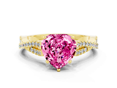 Yellow gold Heart Cut Pink Sapphire Solitaire Engagement Ring with Twisted Pavé Band and Four-Prong Setting_24