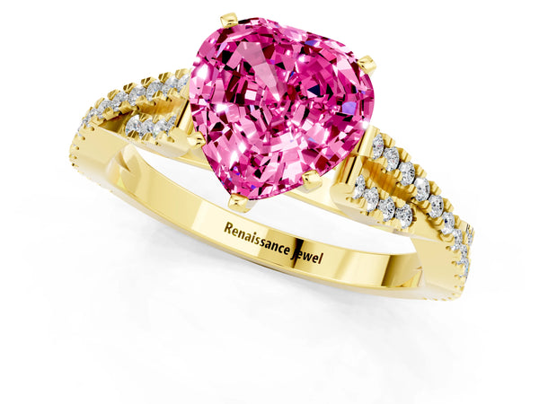 Yellow gold Heart Cut Pink Sapphire Solitaire Engagement Ring with Twisted Pavé Band and Four-Prong Setting
