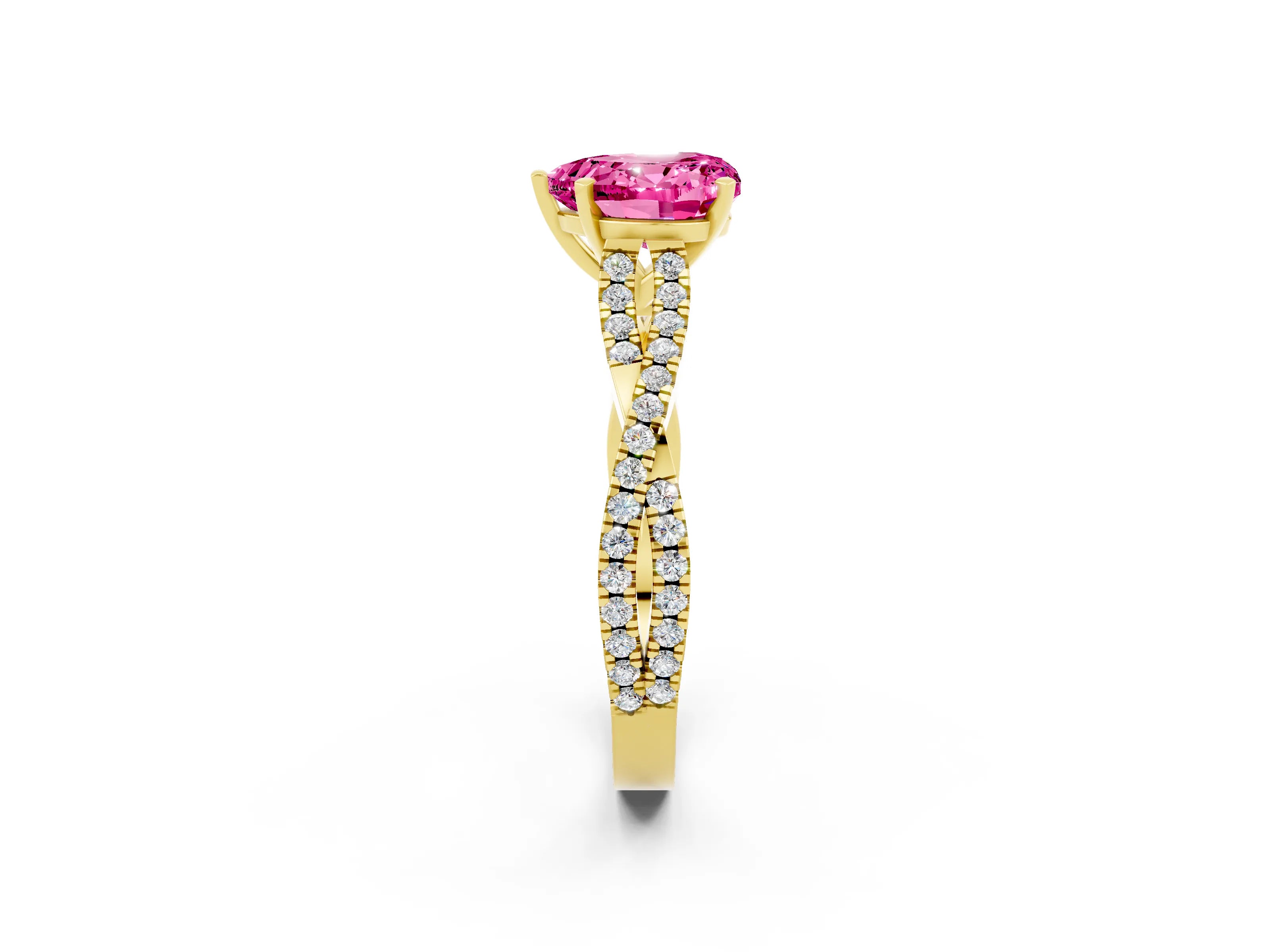 Yellow gold Heart Cut Pink Sapphire Solitaire Engagement Ring with Twisted Pavé Band and Four-Prong Setting_26