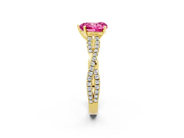 Yellow gold Heart Cut Pink Sapphire Solitaire Engagement Ring with Twisted Pavé Band and Four-Prong Setting