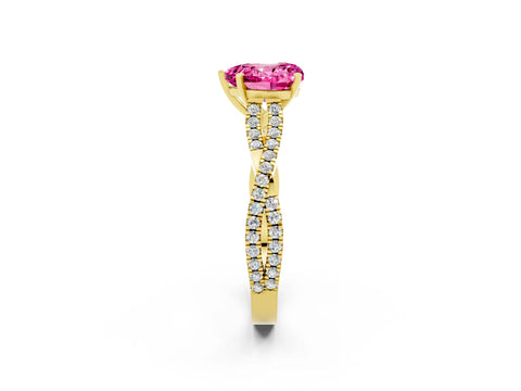Yellow gold Heart Cut Pink Sapphire Solitaire Engagement Ring with Twisted Pavé Band and Four-Prong Setting_26