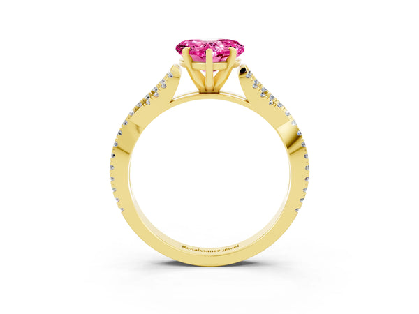 Yellow gold Heart Cut Pink Sapphire Solitaire Engagement Ring with Twisted Pavé Band and Four-Prong Setting