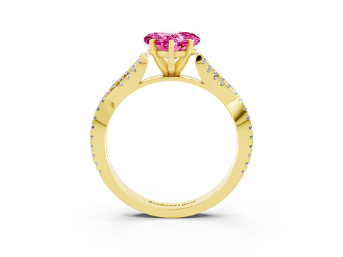 Yellow gold Heart Cut Pink Sapphire Solitaire Engagement Ring with Twisted Pavé Band and Four-Prong Setting_27